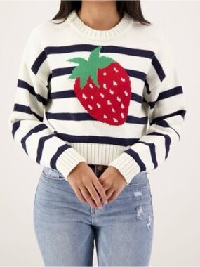 freshman 1996 Women’s Size Large Striped Sweater Cropped Strawberry Graphic Cute
